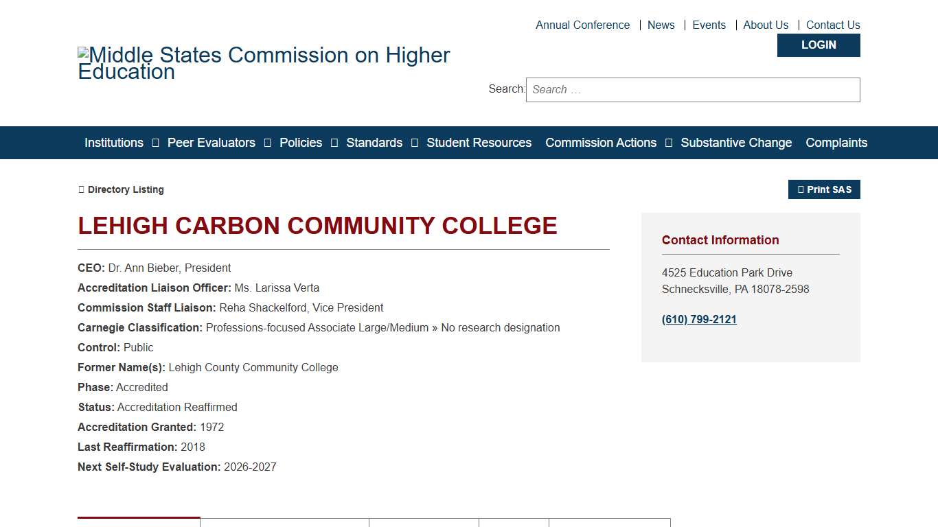 Lehigh Carbon Community College - Statement of Accreditation Status